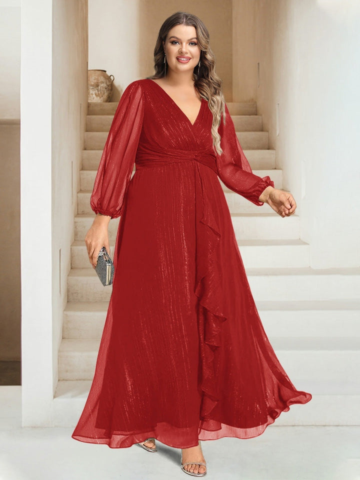 A-Line/Princess V-Neck Ankle-Length Long Sleeves Plus Size Bridesmaid Dresses