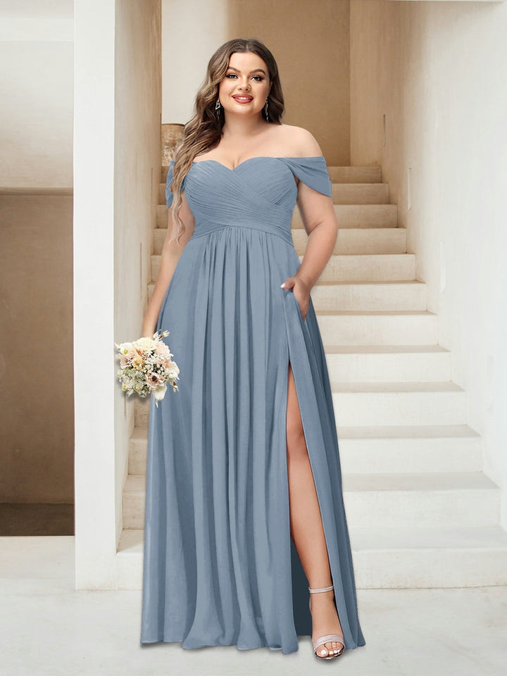 A-Line/Princess Off-the-Shoulder Sleeveless Chiffon Plus Size Bridesmaid Dresses with Pockets