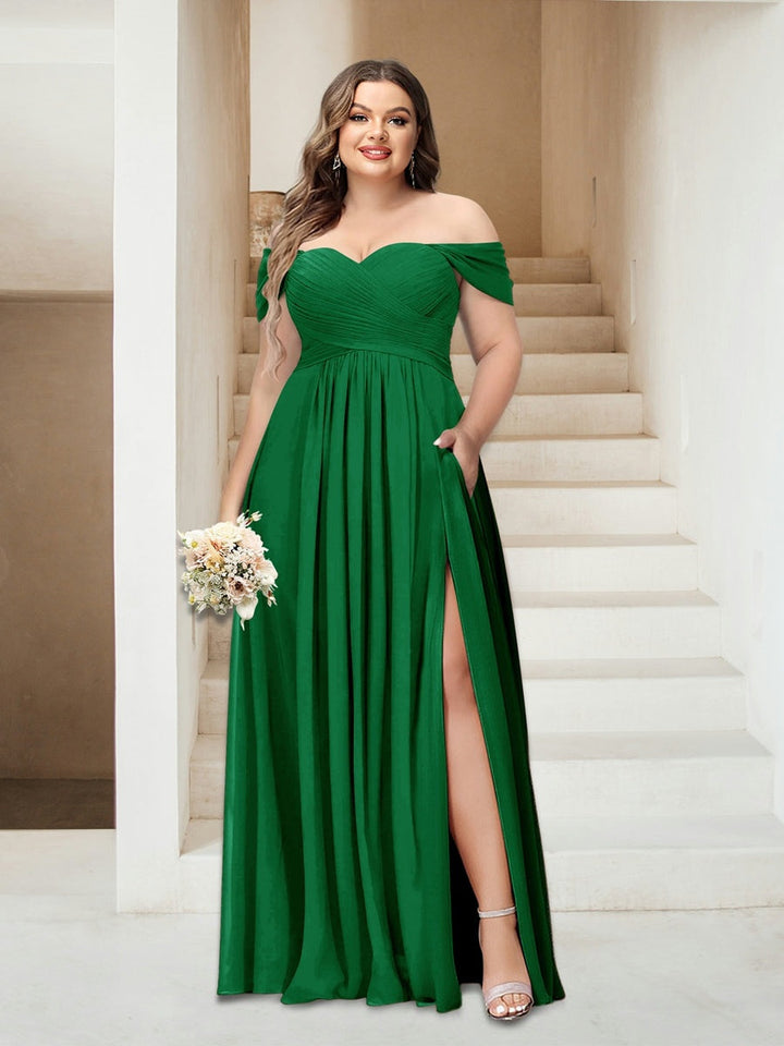 A-Line/Princess Off-the-Shoulder Sleeveless Chiffon Plus Size Bridesmaid Dresses with Pockets