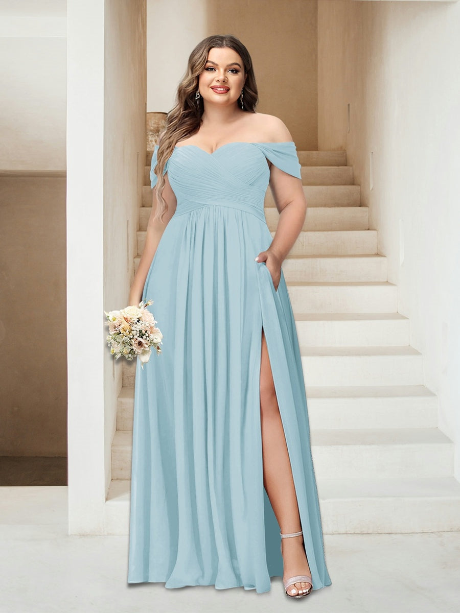 A-Line/Princess Off-the-Shoulder Sleeveless Chiffon Plus Size Bridesmaid Dresses with Pockets