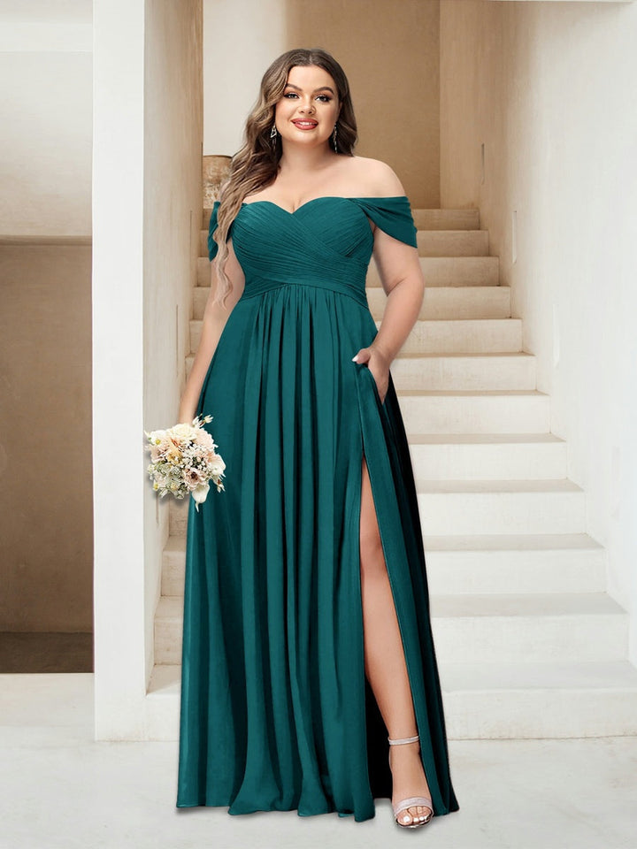 A-Line/Princess Off-the-Shoulder Sleeveless Chiffon Plus Size Bridesmaid Dresses with Pockets