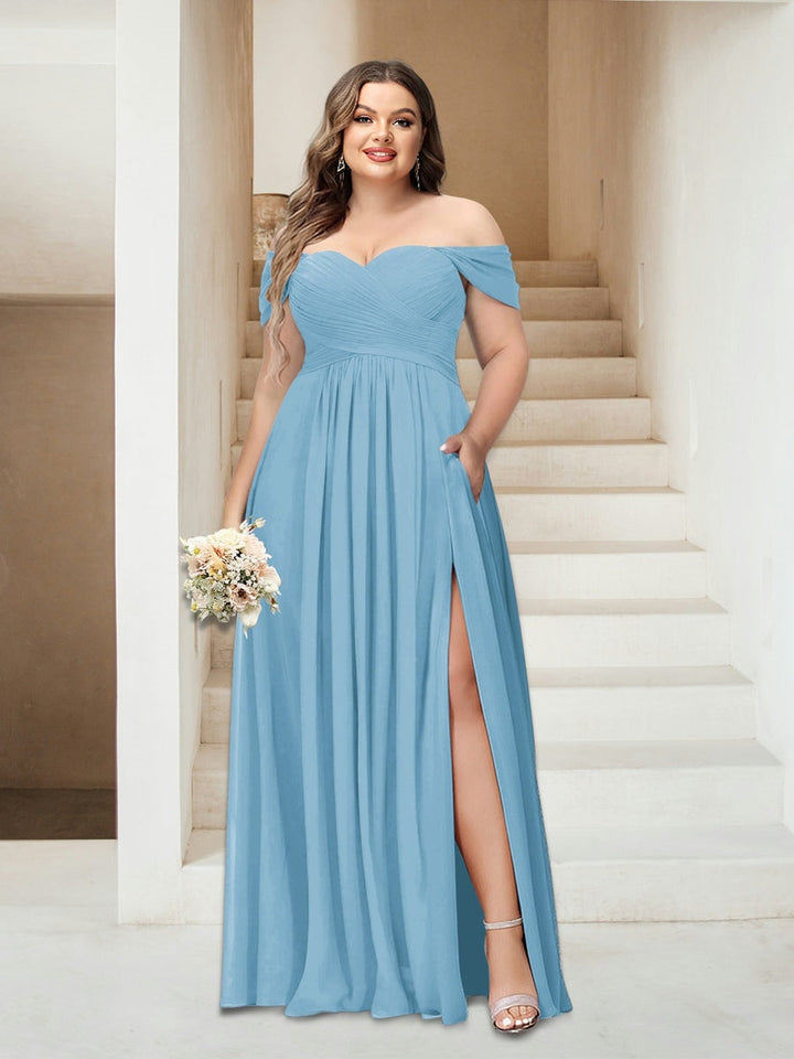 A-Line/Princess Off-the-Shoulder Sleeveless Chiffon Plus Size Bridesmaid Dresses with Pockets