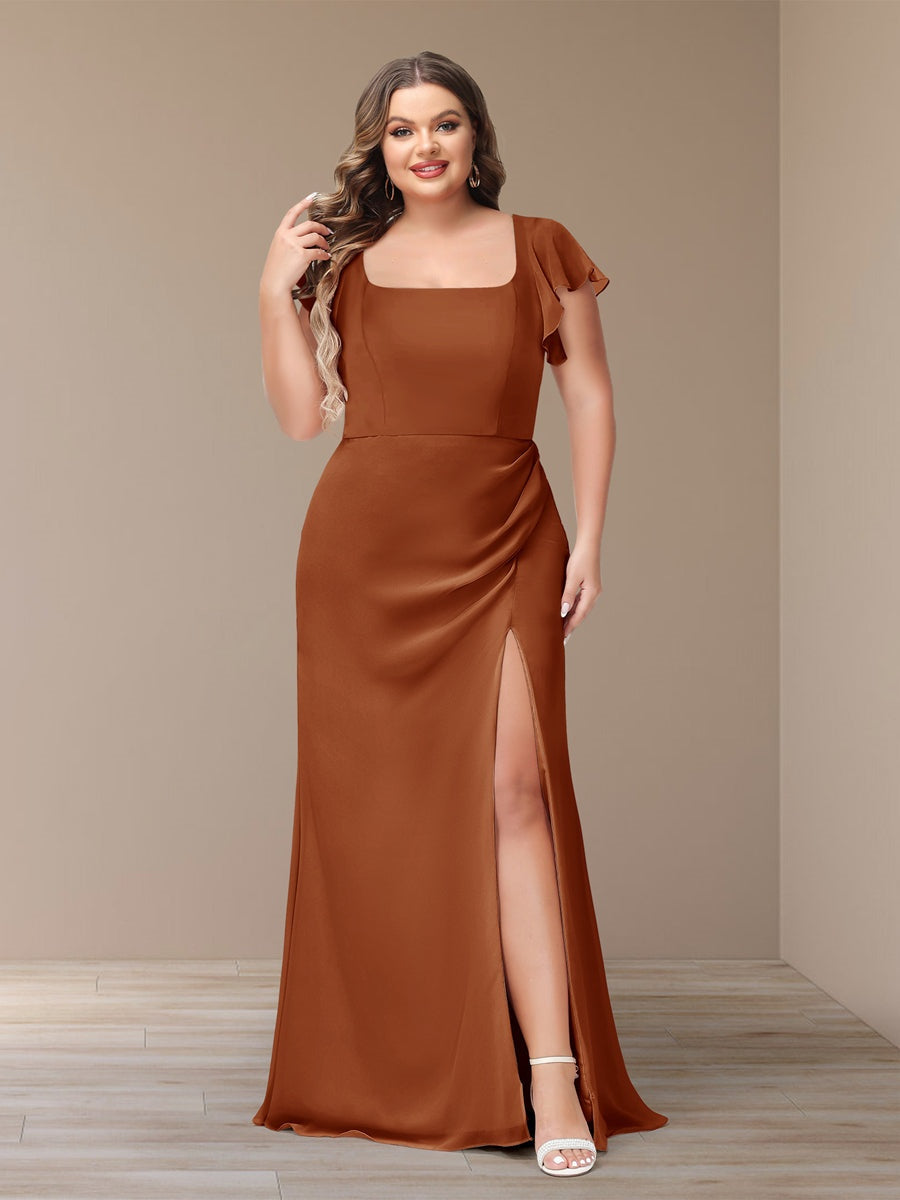 Sheath/Column Short Sleeves Chiffon Plus Size Bridesmaid Dresses with Split Side