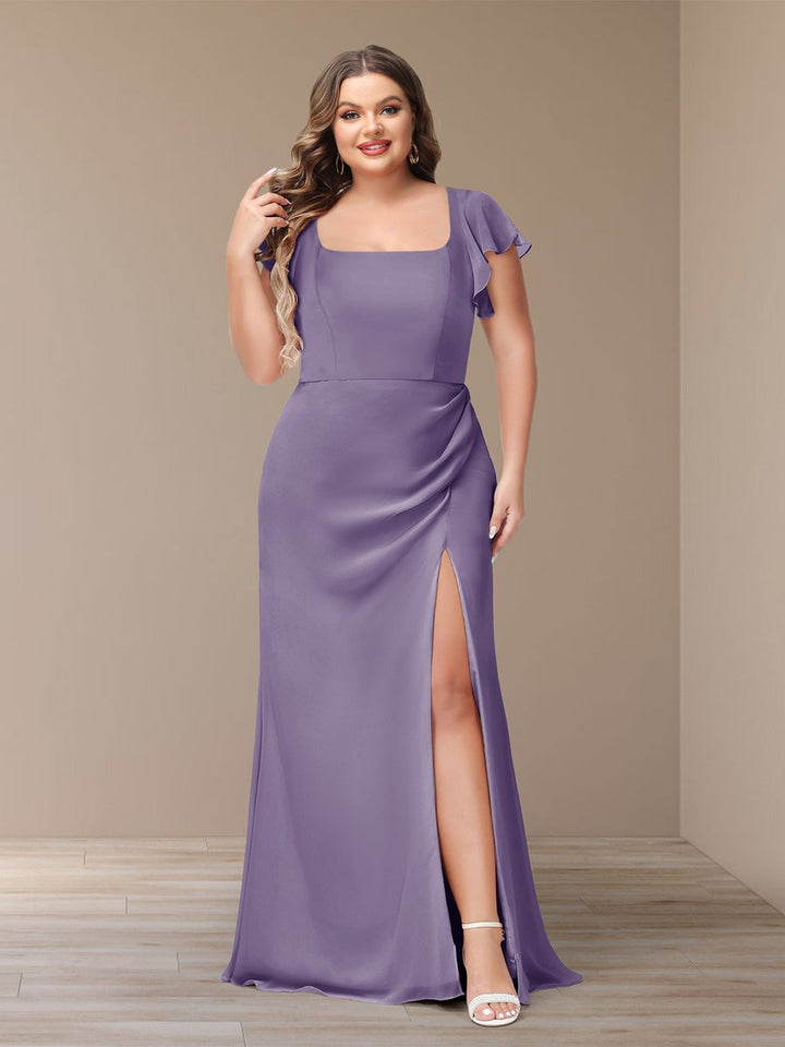 Sheath/Column Short Sleeves Chiffon Plus Size Bridesmaid Dresses with Split Side