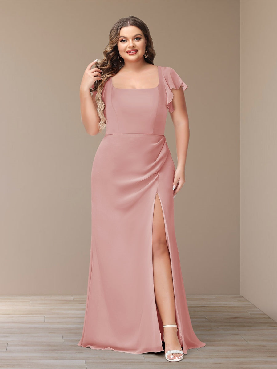 Sheath/Column Short Sleeves Chiffon Plus Size Bridesmaid Dresses with Split Side