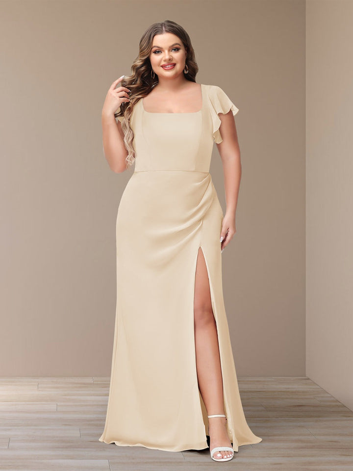 Sheath/Column Short Sleeves Chiffon Plus Size Bridesmaid Dresses with Split Side