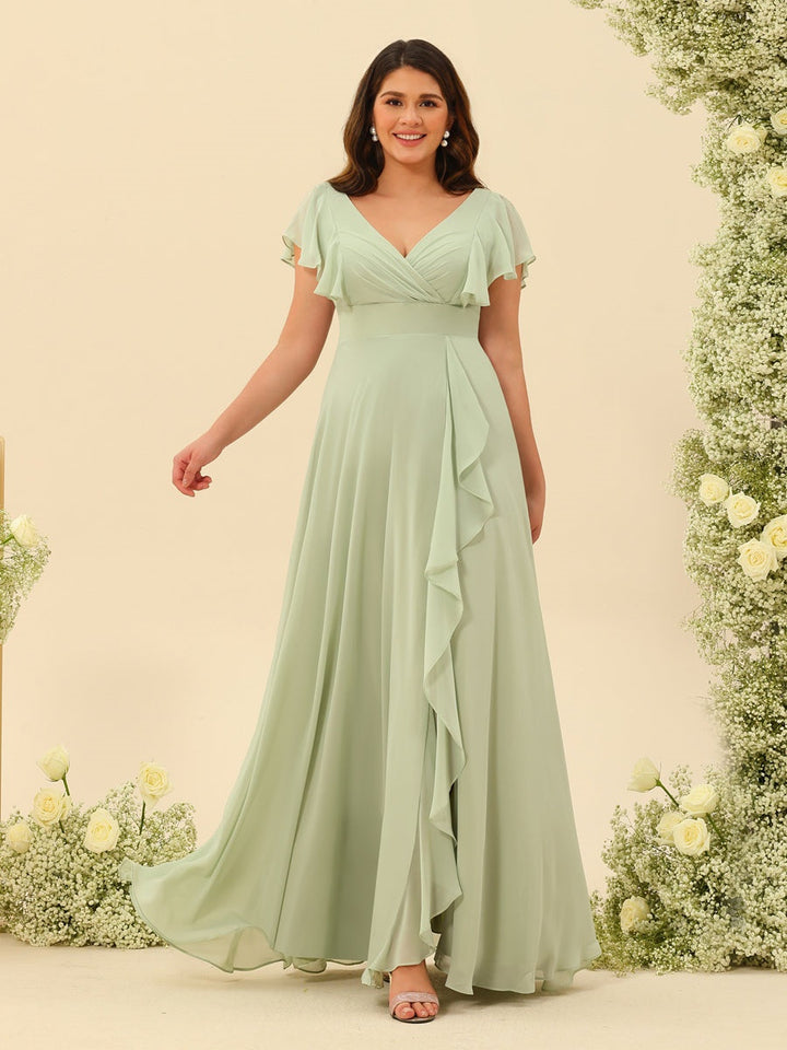 A-Line/Princess V-Neck Plus Size Bridesmaid Dresses with Ruffles