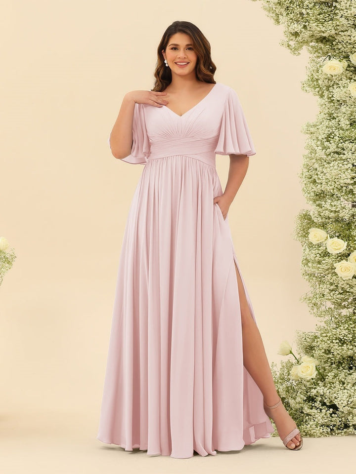 A-Line V-Neck Half Sleeves Plus Size Chiffon Bridesmaid Dresses With Split Side