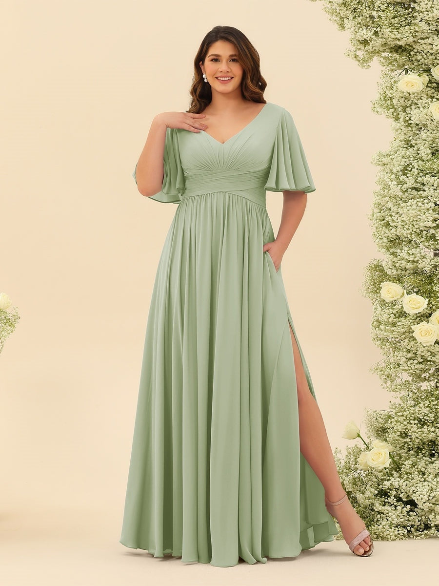 A-Line V-Neck Half Sleeves Plus Size Chiffon Bridesmaid Dresses With Split Side