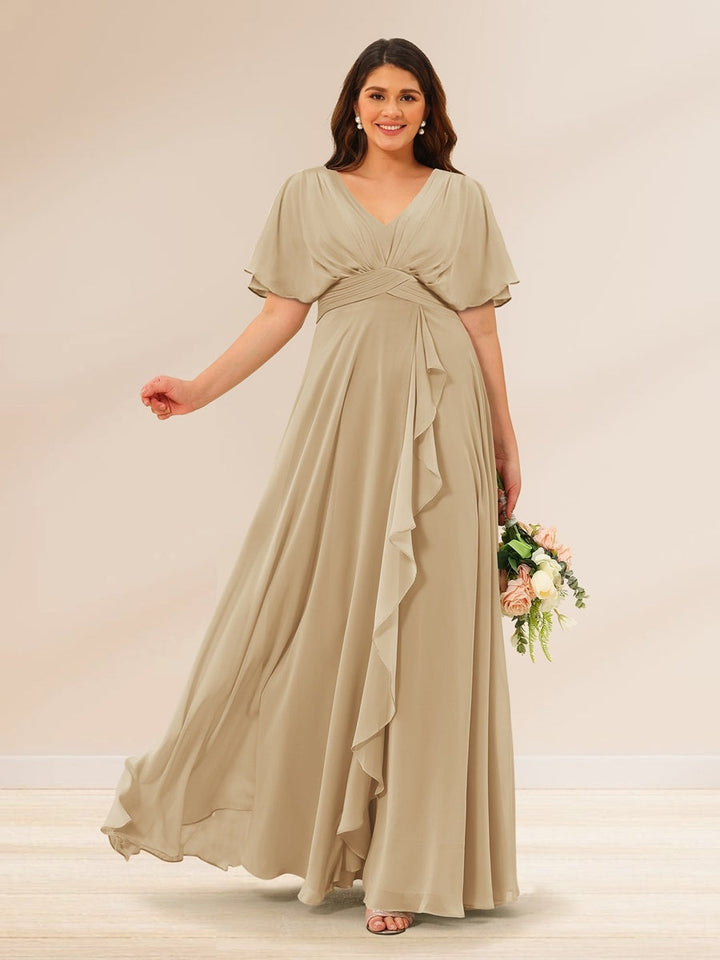 A-Line/Princess V-Neck Short Sleeves Plus Size Bridesmaid Dresses with Pockets