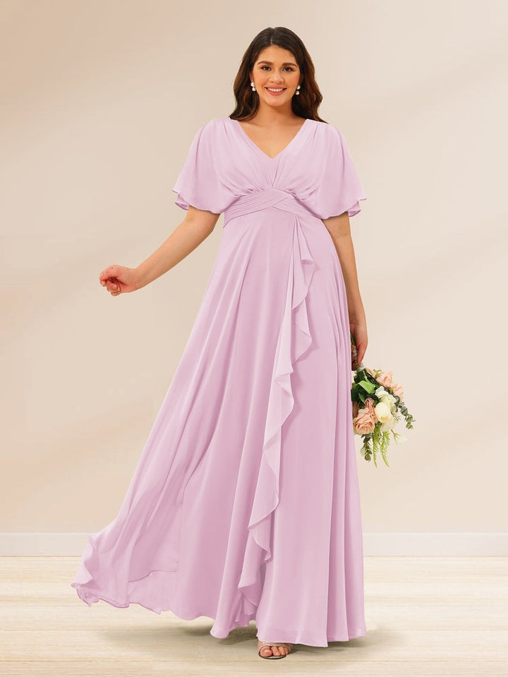 A-Line/Princess V-Neck Short Sleeves Plus Size Bridesmaid Dresses with Pockets