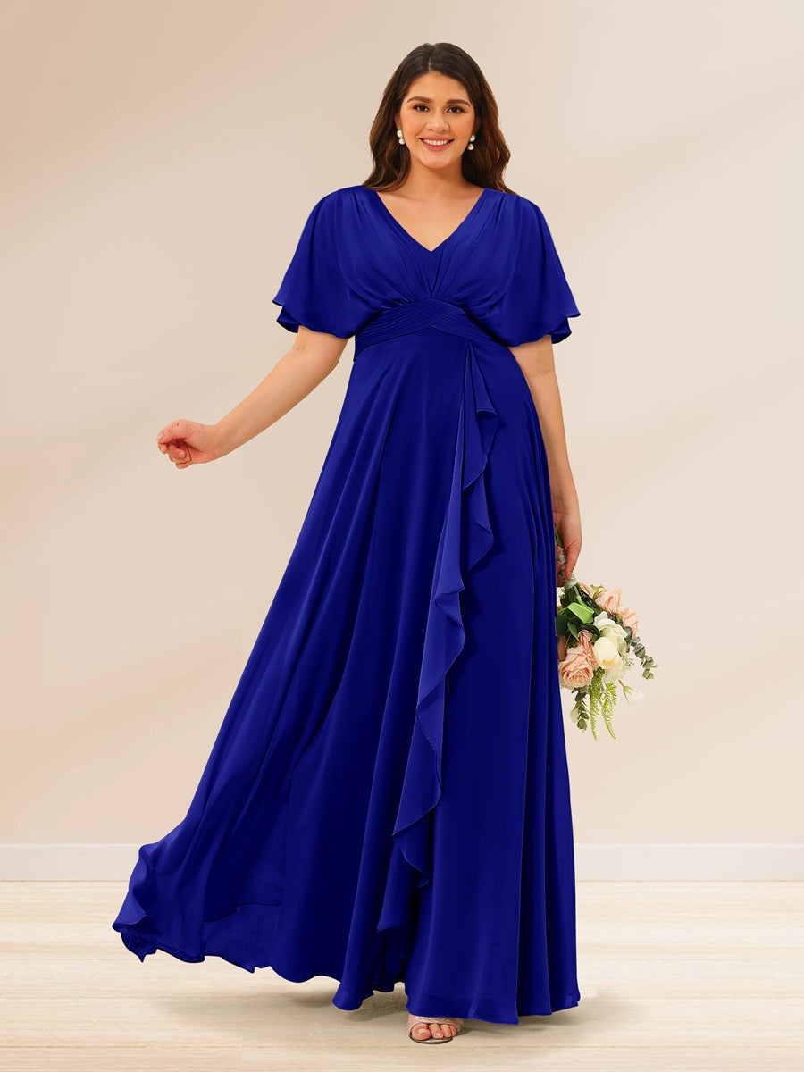 A-Line/Princess V-Neck Short Sleeves Plus Size Bridesmaid Dresses with Pockets