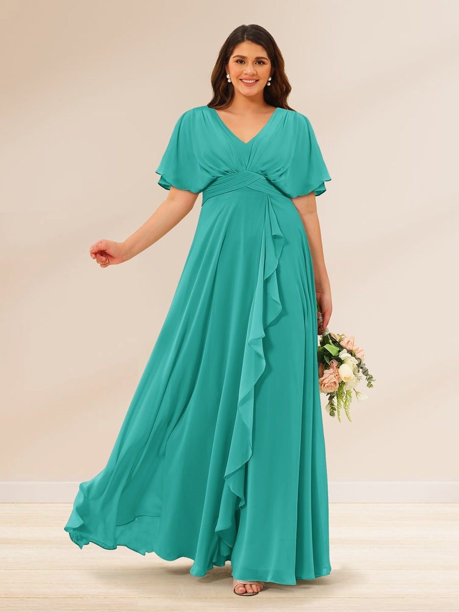 A-Line/Princess V-Neck Short Sleeves Plus Size Bridesmaid Dresses with Pockets