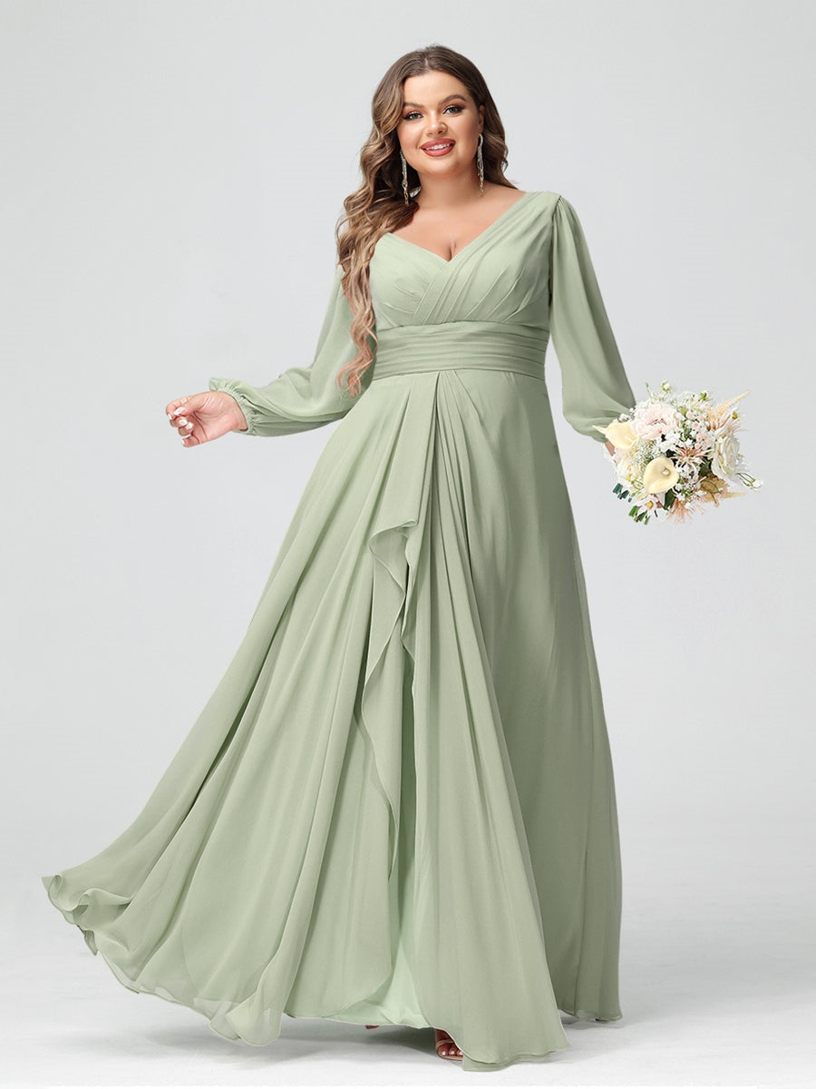 A-Line/Princess V-Neck Long Sleeeves Chiffon Ruffles Plus Size Bridesmaid Dresses with Pockets