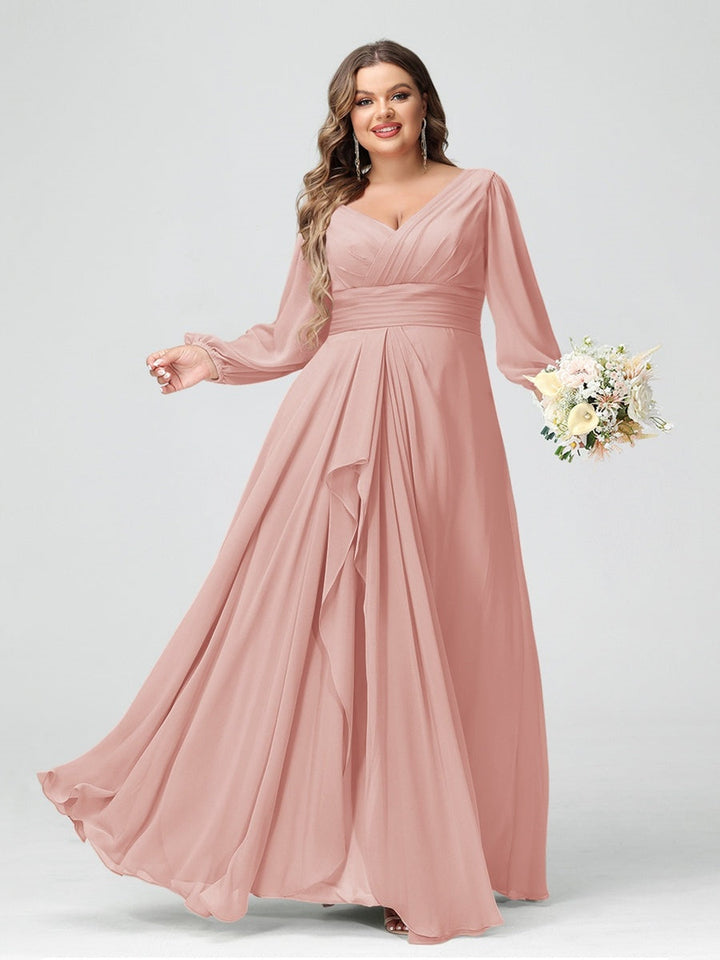 A-Line/Princess V-Neck Long Sleeeves Chiffon Ruffles Plus Size Bridesmaid Dresses with Pockets