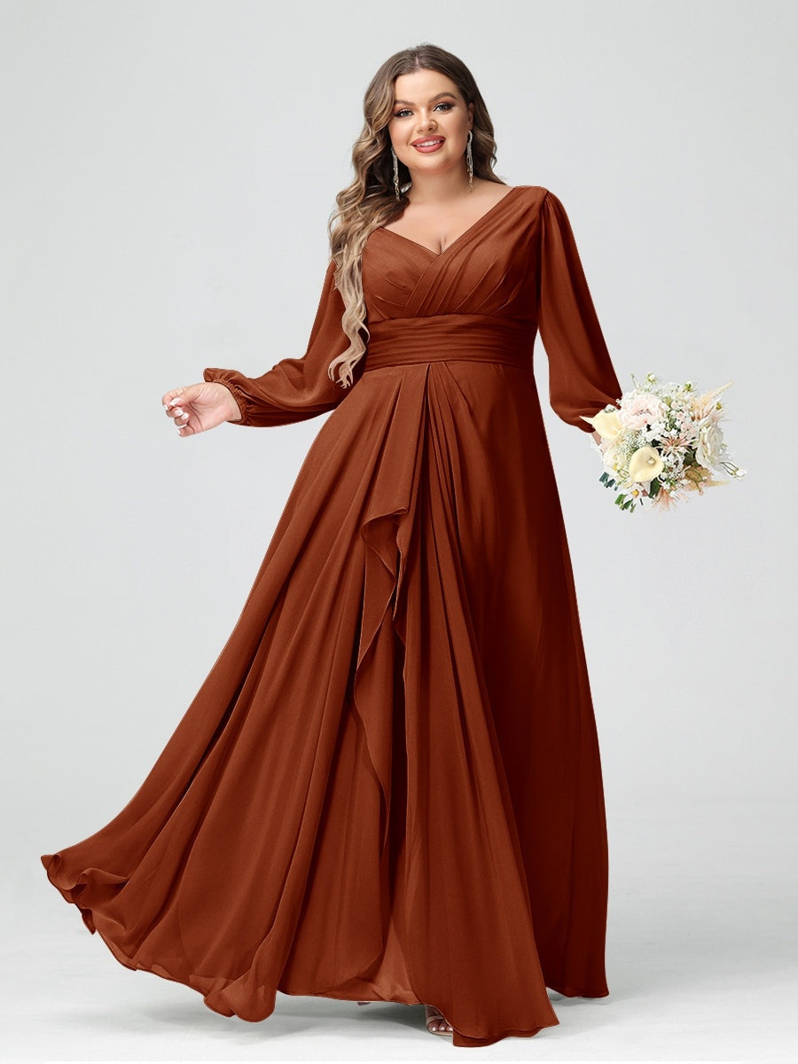 A-Line/Princess V-Neck Long Sleeeves Chiffon Ruffles Plus Size Bridesmaid Dresses with Pockets