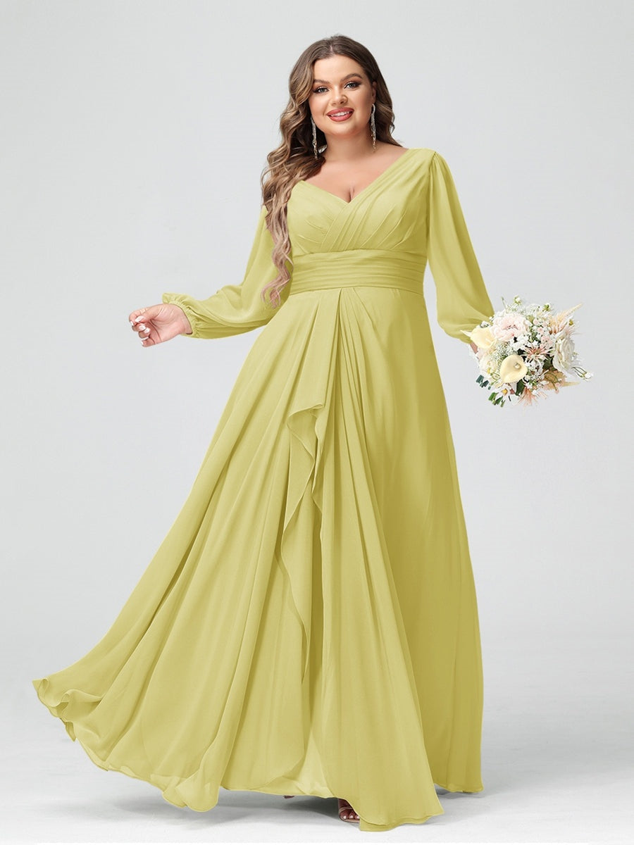 A-Line/Princess V-Neck Long Sleeeves Chiffon Ruffles Plus Size Bridesmaid Dresses with Pockets