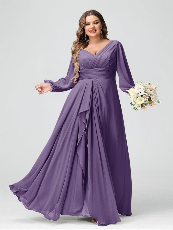 A-Line/Princess V-Neck Long Sleeeves Chiffon Ruffles Plus Size Bridesmaid Dresses with Pockets