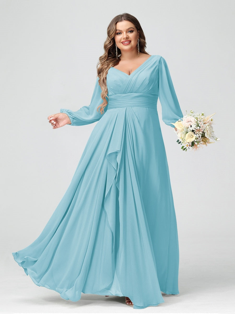 A-Line/Princess V-Neck Long Sleeeves Chiffon Ruffles Plus Size Bridesmaid Dresses with Pockets