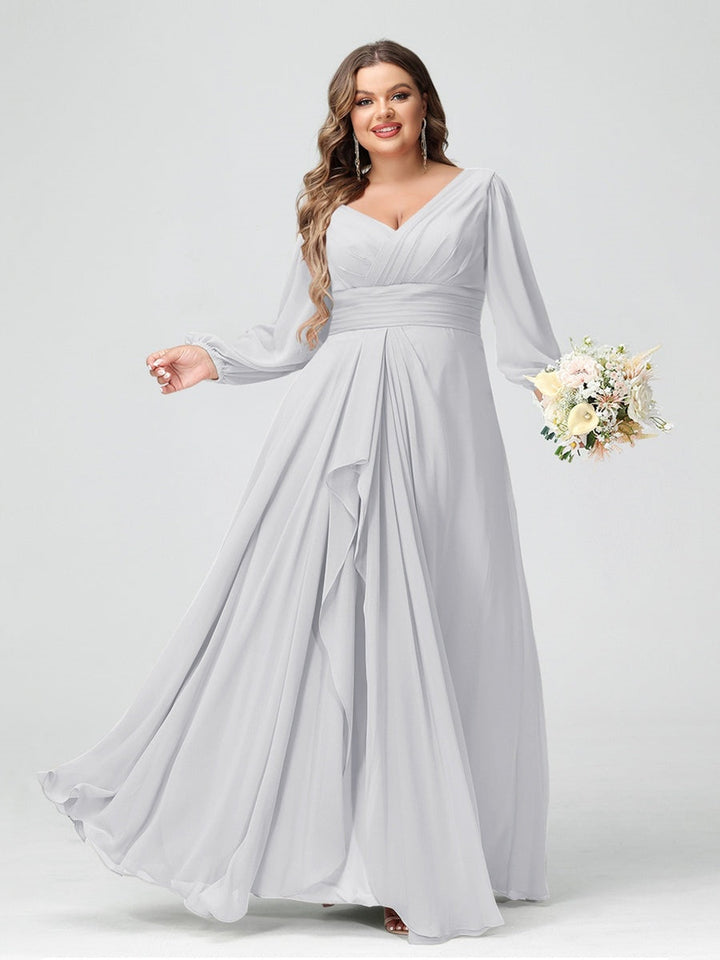 A-Line/Princess V-Neck Long Sleeeves Chiffon Ruffles Plus Size Bridesmaid Dresses with Pockets