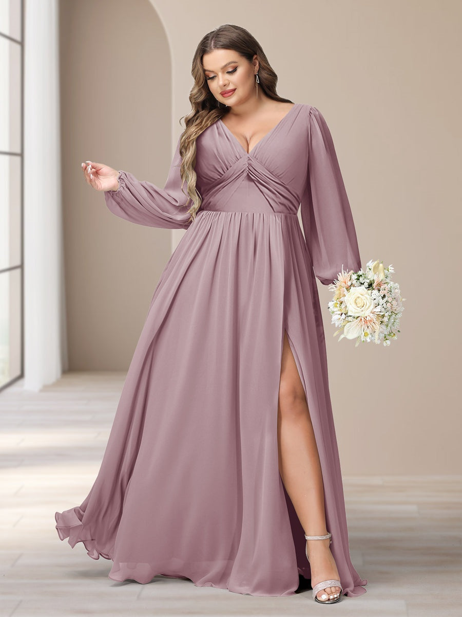 A-Line/Princess V-Neck Long Sleeves Chiffon Long Plus Size Bridesmaid Dresses With Split Side