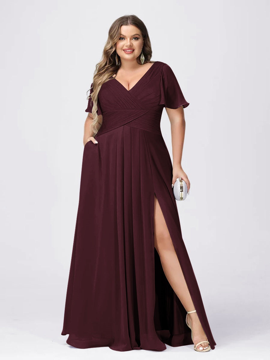 A Line/Princess V-Neck Short Sleeves Plus Size Bridesmaid Dresses with Split Side