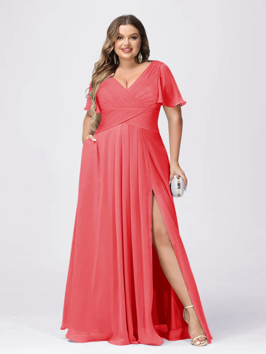 A Line/Princess V-Neck Short Sleeves Plus Size Bridesmaid Dresses with Split Side