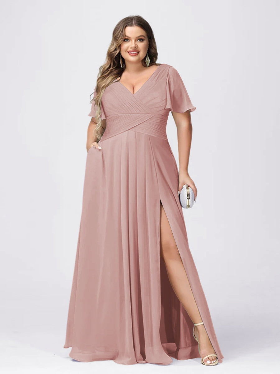 A Line/Princess V-Neck Short Sleeves Plus Size Bridesmaid Dresses with Split Side