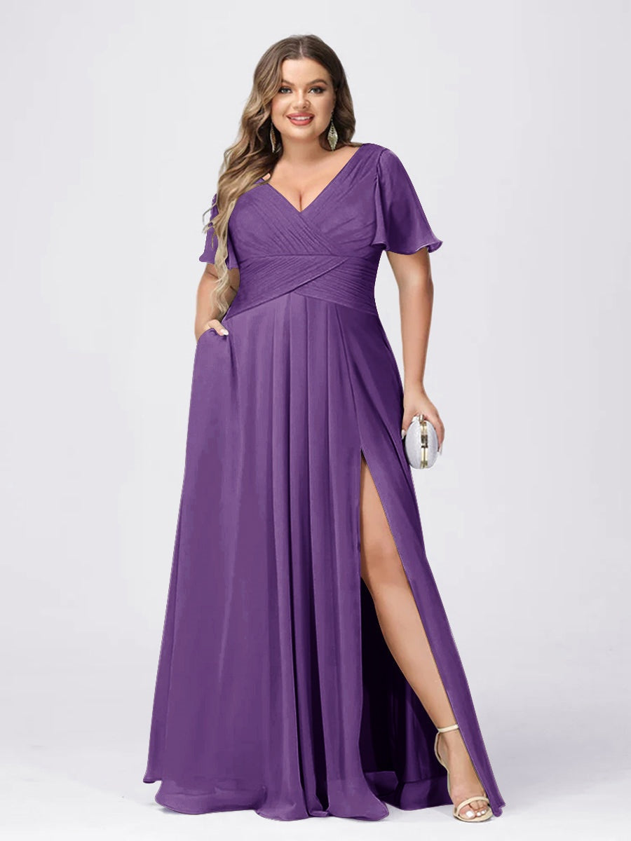 A Line/Princess V-Neck Short Sleeves Plus Size Bridesmaid Dresses with Split Side