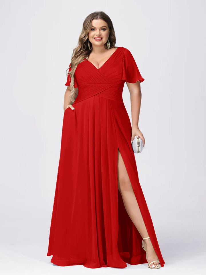 A Line/Princess V-Neck Short Sleeves Plus Size Bridesmaid Dresses with Split Side