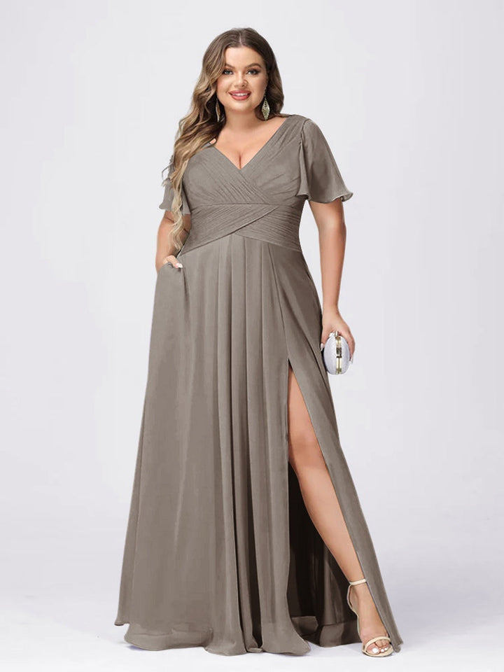 A Line/Princess V-Neck Short Sleeves Plus Size Bridesmaid Dresses with Split Side