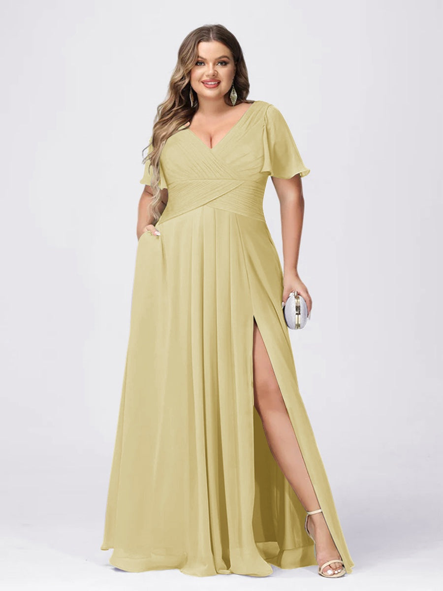 A Line/Princess V-Neck Short Sleeves Plus Size Bridesmaid Dresses with Split Side