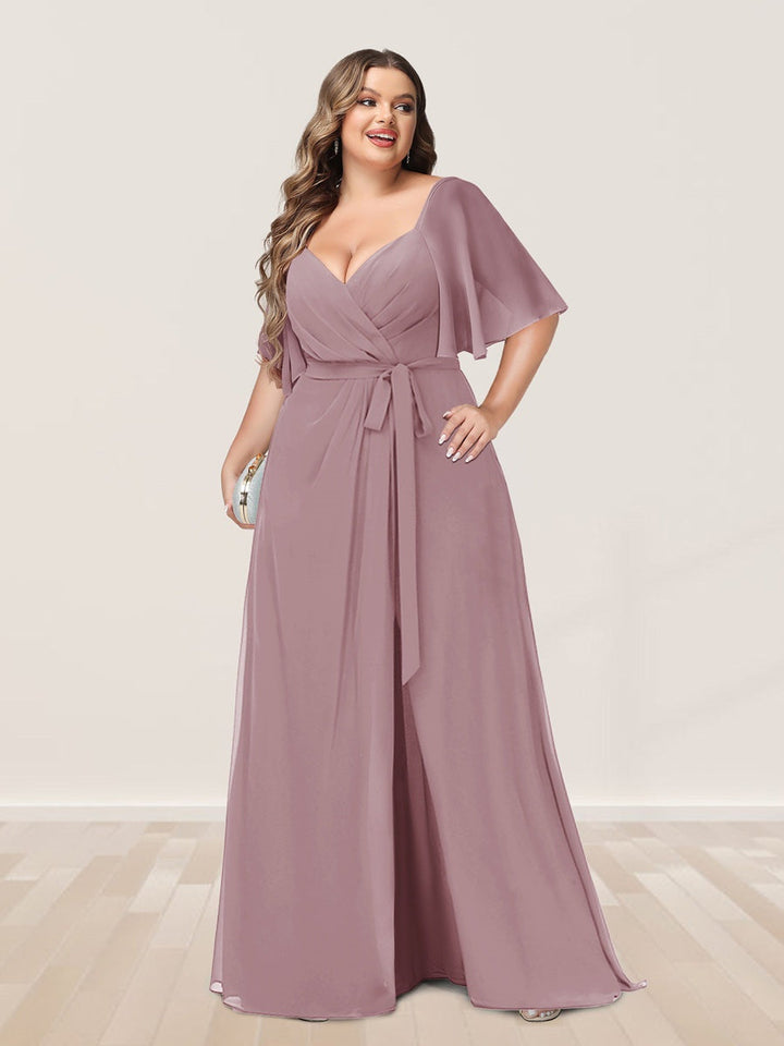 A-Line/Princess V-Neck Half Sleeves Plus Size Bridesmaid Dresses with Split Side