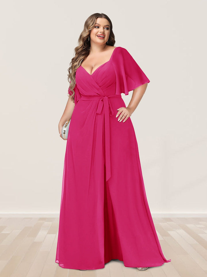 A-Line/Princess V-Neck Half Sleeves Plus Size Bridesmaid Dresses with Split Side