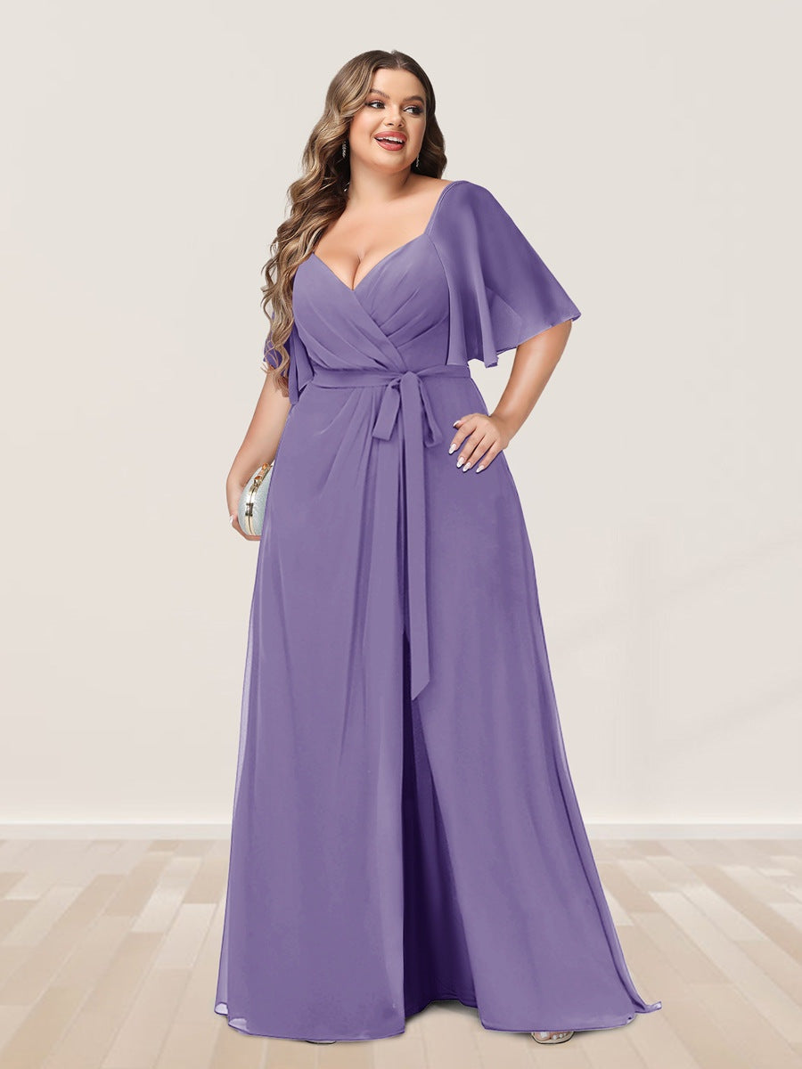 A-Line/Princess V-Neck Half Sleeves Plus Size Bridesmaid Dresses with Split Side