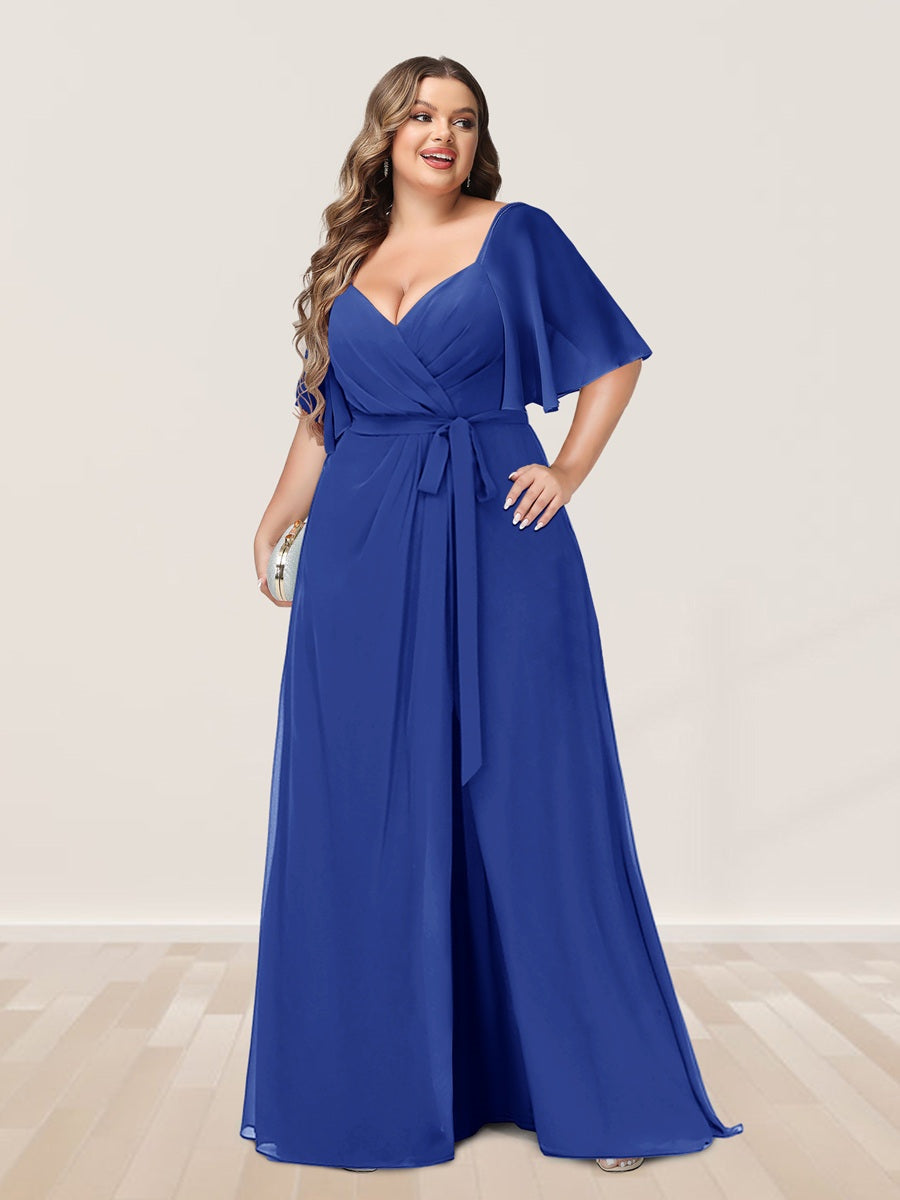 A-Line/Princess V-Neck Half Sleeves Plus Size Bridesmaid Dresses with Split Side