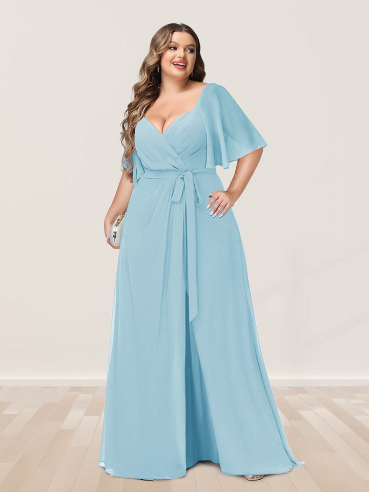 A-Line/Princess V-Neck Half Sleeves Plus Size Bridesmaid Dresses with Split Side