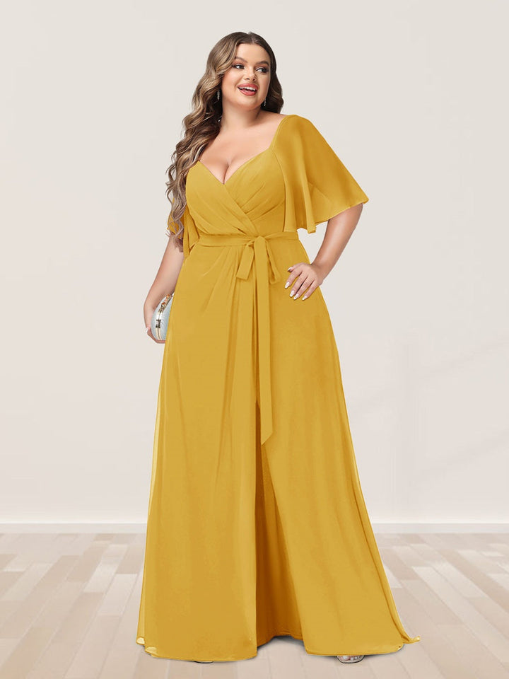 A-Line/Princess V-Neck Half Sleeves Plus Size Bridesmaid Dresses with Split Side