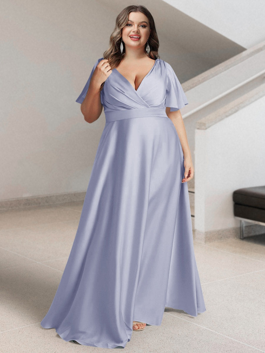 A-Line/Princess V-Neck Short Sleeves Silk Satin Plus Size Bridesmaid Dresses with Pockets