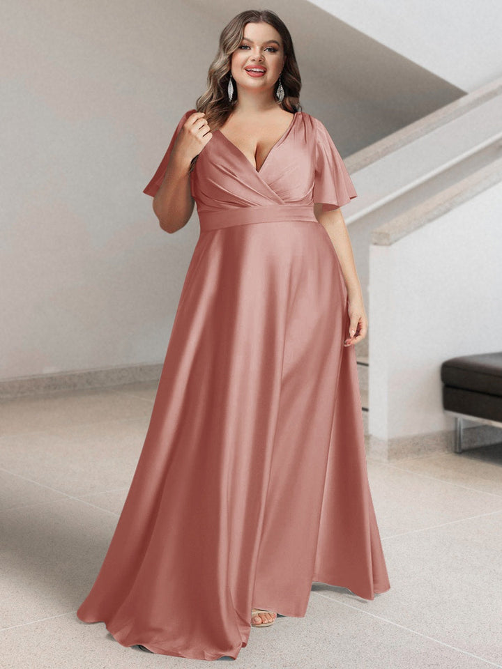 A-Line/Princess V-Neck Short Sleeves Silk Satin Plus Size Bridesmaid Dresses with Pockets