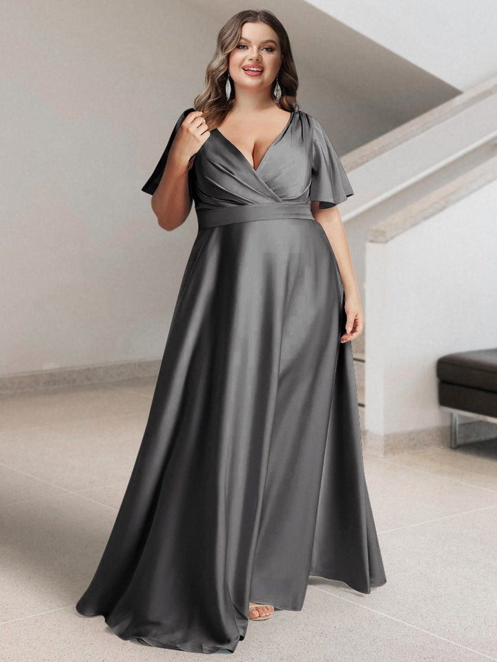 A-Line/Princess V-Neck Short Sleeves Silk Satin Plus Size Bridesmaid Dresses with Pockets