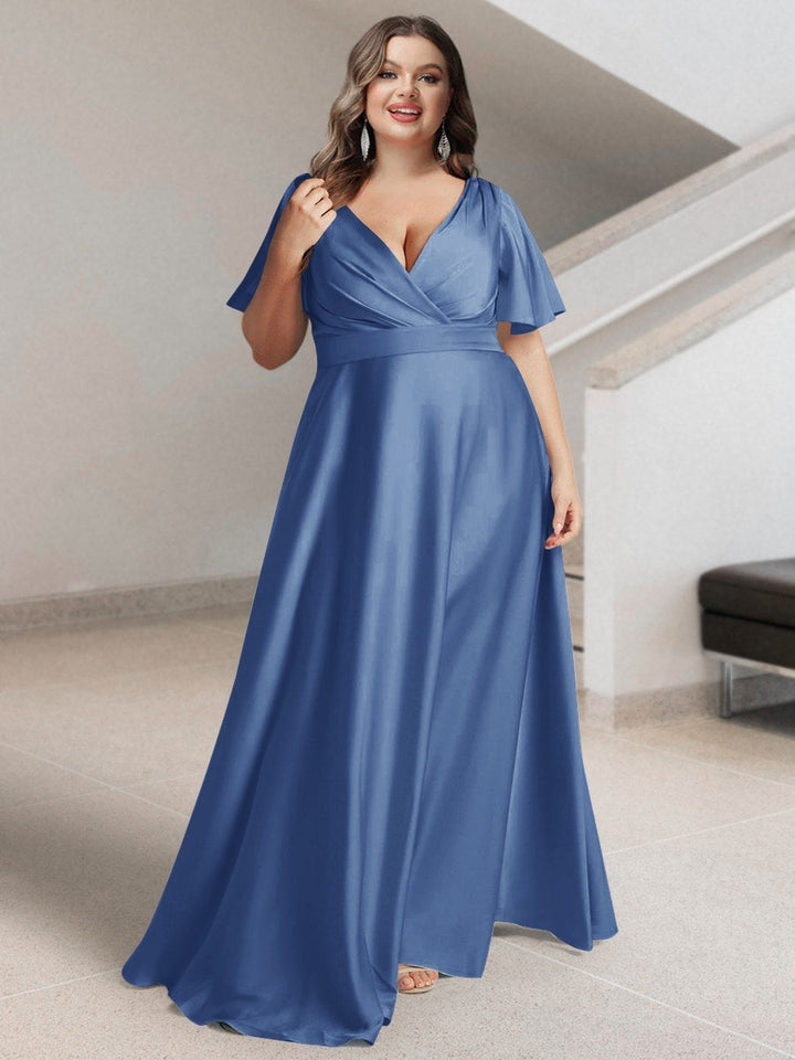 A-Line/Princess V-Neck Short Sleeves Silk Satin Plus Size Bridesmaid Dresses with Pockets