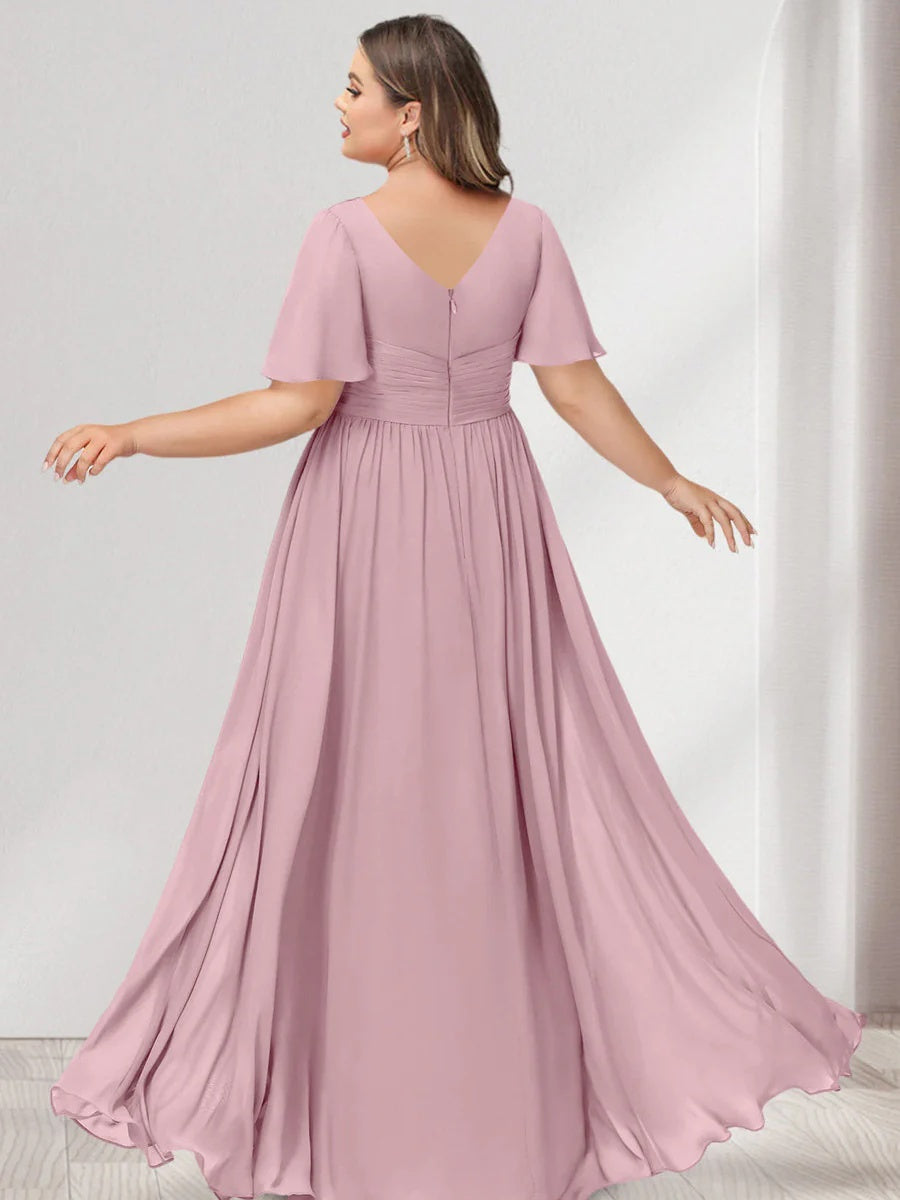 A-Line/Princess V-Neck Half Sleeves Chiffon Plus Size Bridesmaid Dresses with Pockets