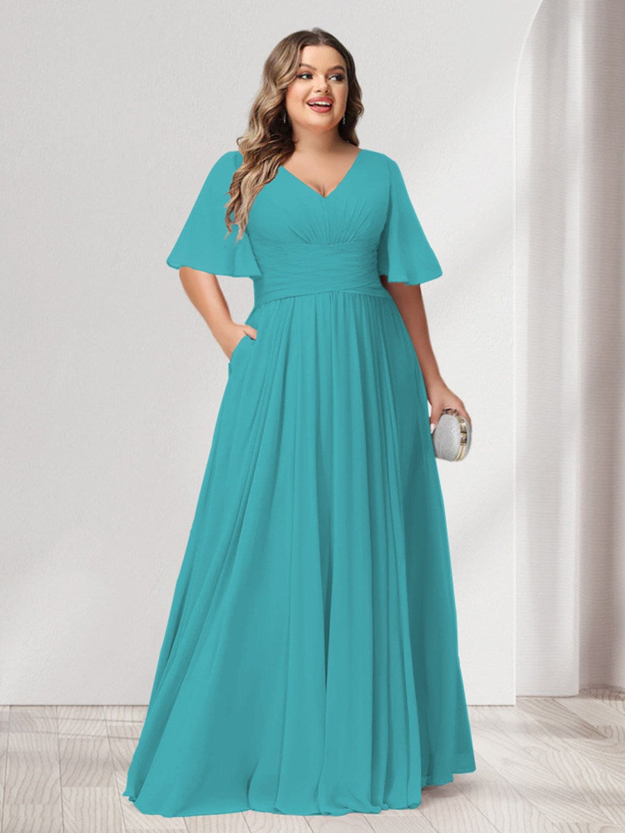 A-Line/Princess V-Neck Half Sleeves Chiffon Plus Size Bridesmaid Dress