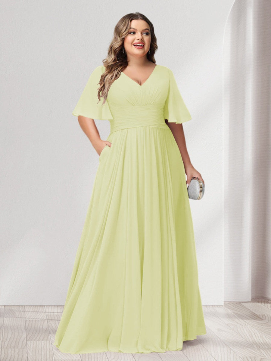 A-Line/Princess V-Neck Half Sleeves Chiffon Plus Size Bridesmaid Dresses with Pockets