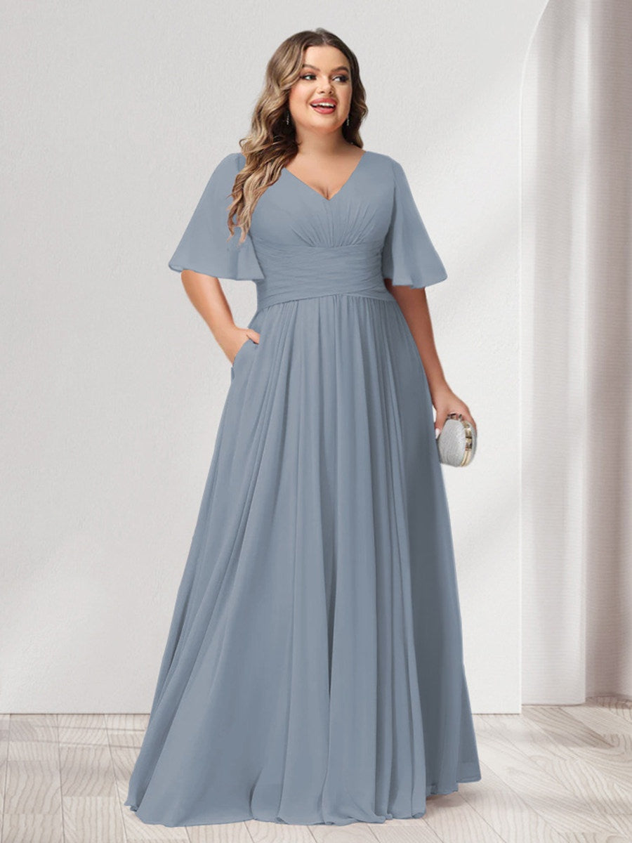 A-Line/Princess V-Neck Half Sleeves Chiffon Plus Size Bridesmaid Dresses with Pockets