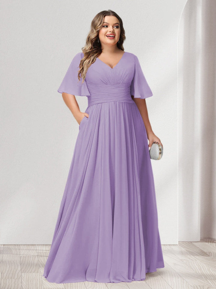 A-Line/Princess V-Neck Half Sleeves Chiffon Plus Size Bridesmaid Dresses with Pockets