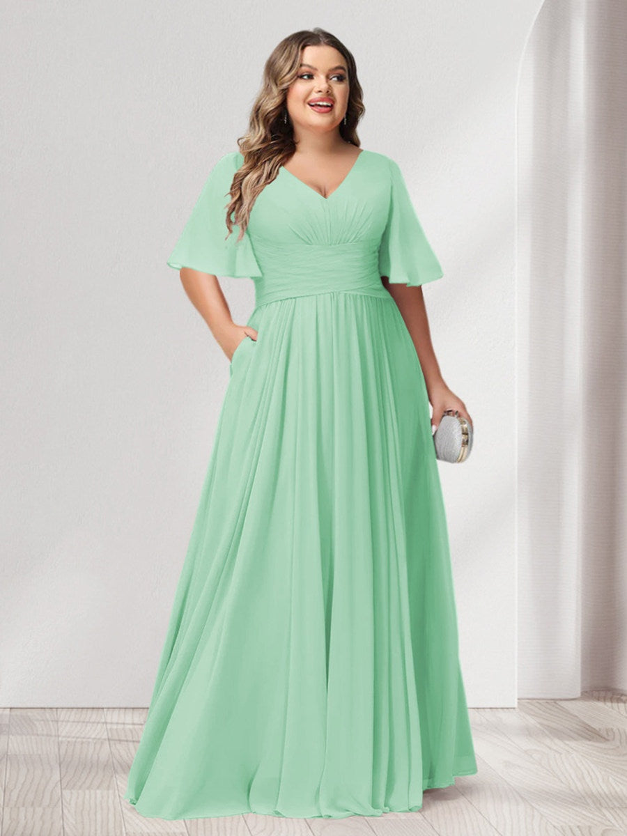 A-Line/Princess V-Neck Half Sleeves Chiffon Plus Size Bridesmaid Dresses with Pockets