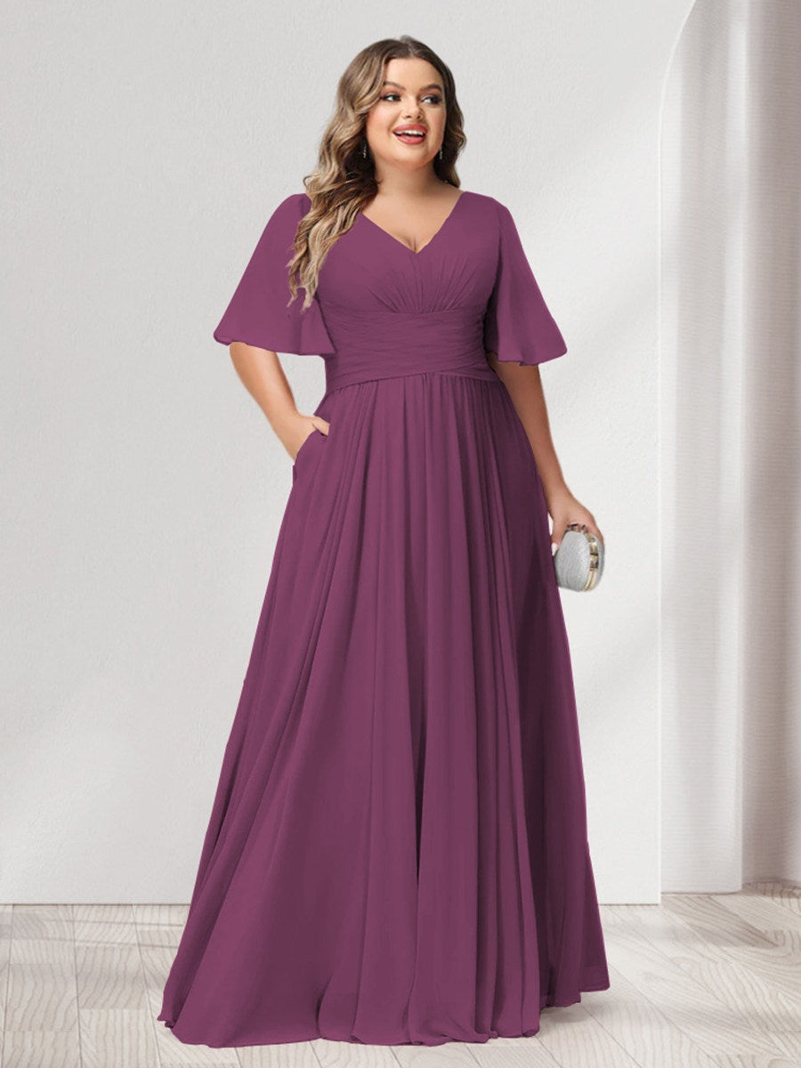 A-Line/Princess V-Neck Half Sleeves Chiffon Plus Size Bridesmaid Dresses with Pockets