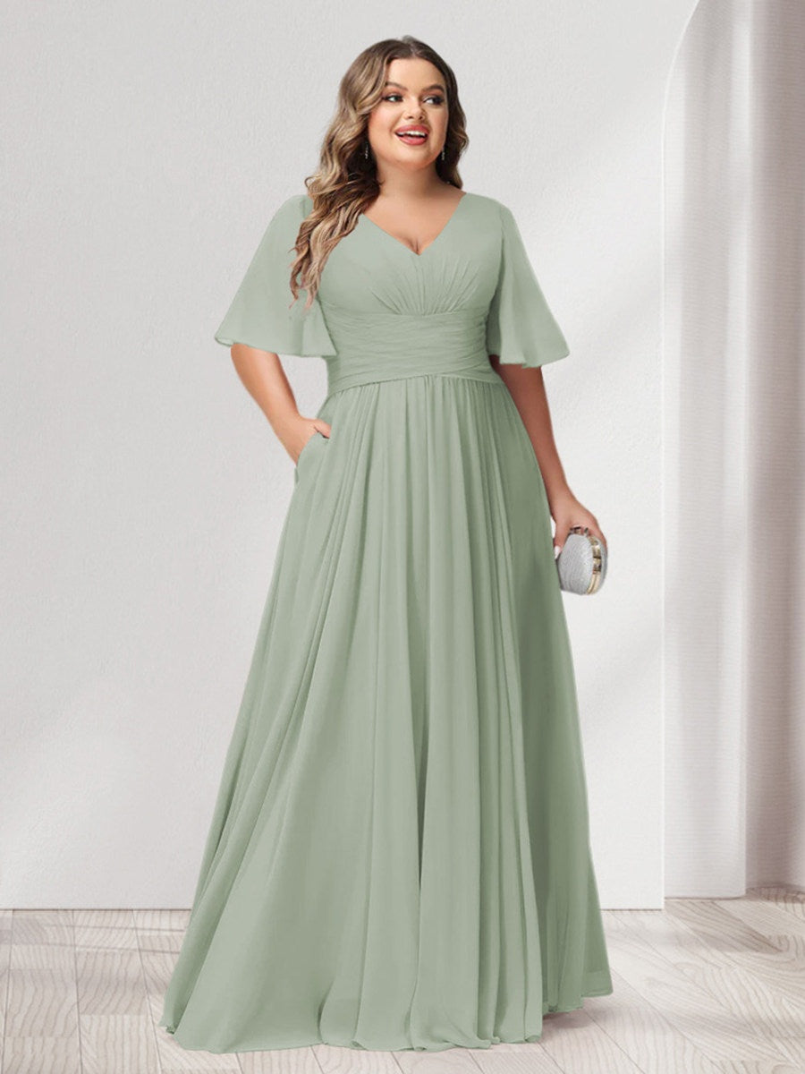 A-Line/Princess V-Neck Half Sleeves Chiffon Plus Size Bridesmaid Dress